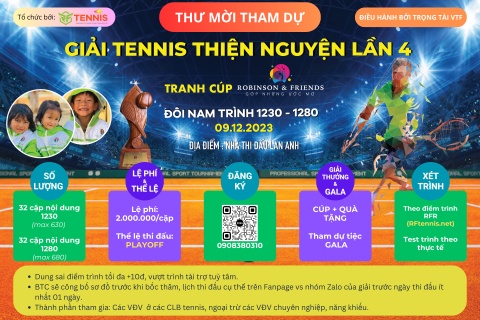 THÔNG BÁO TỔ CHỨC GIẢI TENNIS THIỆN NGUYỆN LẦN 4 - 09/12/2023