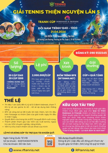 THÔNG BÁO TỔ CHỨC GIẢI TENNIS THIỆN NGUYỆN LẦN 5 - 21/04/2024